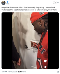Stills from a clip where "Kai Cenat":https://knowyourmeme.com/memes/people/kai-cenat enters a bathroom while 16-year-old streamer Rakai is using it. Kai then proceeds to pick up a phone on the ground to show an adult website playing on it. The video was originally shared on one of Kai Cenat's friends' Snapchat before it began making the rounds on "Twitter / X":https://knowyourmeme.com/memes/sites/twitter-x in March 2025. The backlash against Kai was exacerbated by a fake Nike statement claiming to have cut ties with the social media personality over his treatment of underage people. 