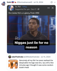 A "quote tweet":https://knowyourmeme.com/memes/quote-retweets-qrts using the N----- Just Lie For No Reason "meme":https://knowyourmeme.com/memes/memes, making fun of someone for seemingly lying about a hidden man shape being in the "_Despicable Me_":https://knowyourmeme.com/memes/subcultures/despicable-me logo.