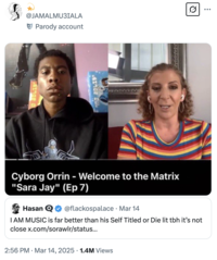 A "quote tweet":https://knowyourmeme.com/memes/quote-retweets-qrts using a "YouTube":https://knowyourmeme.com/memes/sites/YouTube thumbnail from Cyborg Orrin's interview with Sara Jay, referencing the N----- Just Lie For No Reason "meme":https://knowyourmeme.com/memes/memes.