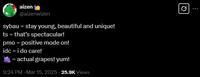 B aizen @aizenwizen sybau = stay young, beautiful and unique! ts = that's spectacular! pmo = positive mode on! idc = i do care! = actual grapes! yum! 9:24 PM - Mar 15, 2025 25.9K Views Ø