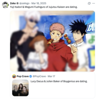 Tweet about Yuji Itadori & Megumi Fushiguro from _Jujutsu Kaisen_ that plays off a Pop Crave post announcing that two members of the band "boygenius" are in a relationship by blurring out Phoebe Bridgers from a group photo of the band. The odd image choice led to several internet users posting group photos of their favorite fictional and real-life couples with everyone but the pair blurred out. 