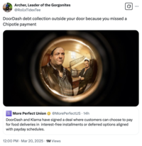 _Sopranos_ meme reacting to the news that American restaurant takeout delivery service Doordash is partnering with Swedish fintech company Klarna to provide food delivery with a buy-now, pay-later scheme that allows consumers to pay for their food in installments. 
