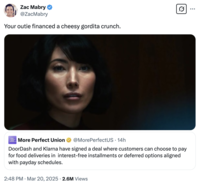 "Your Outie Loves":https://knowyourmeme.com/memes/your-outie-likes-x-learning-about-your-outie reacting to the news that American restaurant takeout delivery service Doordash is partnering with Swedish fintech company Klarna to provide food delivery with a buy-now, pay-later scheme that allows consumers to pay for their food in installments. 