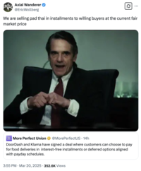"_The Big Short_" meme reacting to the news that American restaurant takeout delivery service Doordash is partnering with Swedish fintech company Klarna to provide food delivery with a buy-now, pay-later scheme that allows consumers to pay for their food in installments. 