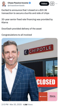 Meme reacting to the news that American restaurant takeout delivery service Doordash is partnering with Swedish fintech company Klarna to provide food delivery with a buy-now, pay-later scheme that allows consumers to pay for their food in installments. The tweet reads, "Excited to announce that I closed on a $31.38 transaction to secure a burrito and side of chips."