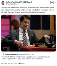 _The Big Short_ meme reacting to news that American restaurant takeout delivery service Doordash is partnering with Swedish fintech company Klarna to provide food delivery with a buy-now, pay-later scheme that allows consumers to pay for their food in installments.
