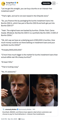 _The Big Short_ meme reacting to news that American restaurant takeout delivery service Doordash is partnering with Swedish fintech company Klarna to provide food delivery with a buy-now, pay-later scheme that allows consumers to pay for their food in installments.