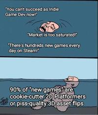 "You can't succeed as Indie Game Dev now!" "Market is too saturated!" "There's hundreds new games every day on Steam!" 90% of "new games are cookie-cutter 2D Platformers or piss-quality 3D asset flips