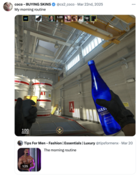 Several internet users reacted to what they viewed to be an absurd morning routine posted by Ashton Hall, with X user @cs2_coco sharing a video game POV of hands holding a Saratoga water bottle.