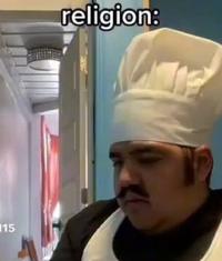 A reaction image of a man in Peppino cosplay. His worried face is shown over the caption "religion."