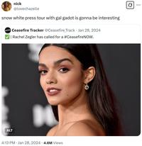 nick @lovechazelle snow white press tour with gal gadot is gonna be interesting CEASEFIRE Ceasefire Tracker @Ceasefire_Track Jan 28, 2024 . ALT | Rachel Zegler has called for a #CeasefireNOW. 4:13 PM • Jan 28, 2024 · 4.6M Views . 0