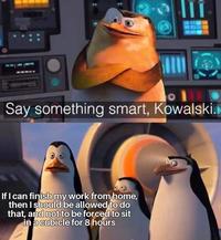 Say something smart, Kowalski. If I can finish my work from home, then I should be allowed to do that, and not to be forced to sit in a cubicle for 8 hours