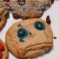 A photo of a cookie that looks like a sad face. The meme reads, "When you've been alive for 3 min and somebody pull up with a glass of milk."