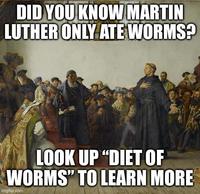 DID YOU KNOW MARTIN LUTHER ONLY ATE WORMS? LOOK UP "DIET OF WORMS" TO LEARN MORE imgflip.com
