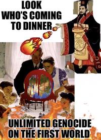Artist @FuknSlammer was one of the first to adopt the phrase "Unlimited Genocide on the First World" and the imagery of Qin Shi Huang, the first Chinese Emperor, throwing fireballs into his artwork. This May 6th, 2022 tweet combines a Norman Rockwell parody by former LLCO member Shubel Morgan with the meme in question.