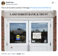 A tweet by @CoachLewGrizz that shows a fake bank entrance with a sign that reads, "Bank Closed, We Ran Out Of Money." The post jokingly encourages people to trigger a bank run, where people rush to withdraw their money from their banks, increasing the potential for bank failure and causing widespread economic turmoil. Jokes about how "The Banks Are Out Of Money" spread after Trump's reciprocal tariffs caused the global stock market to fall in early April 2025. 