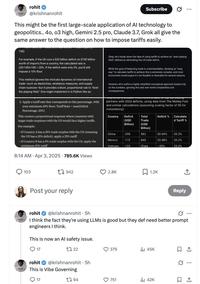 rohit @krishnanrohit Subscribe This might be the first large-scale application of Al technology to geopolitics.. 40, 03 high, Gemini 2.5 pro, Claude 3.7, Grok all give the same answer to the question on how to impose tariffs easily. 100) For example, if the US runs a $20 billion deficit on $100 billion worth of imports from a country, the calculated rate is (20/100) 100 -20%. If the deficit were only 5%, you'd still impose a 10% floor. This method ignores the intricate dynamics of international trade-such as elasticities, retaliatory measures, and supply chain nuances-but it provides a blunt, proportional rule to "level the playing field." One might implement it in Python like so: 3. Apply a tariff rate that corresponds to this percentage, with your minimum 10% floor: Tariff Rate - max(Deficit Percentage, 10%) This creates a proportional response where countries with larger trade surpluses with the US would face higher tariffs. For example: Okay, let's break down the idea of using tariffs to achieve an "even playing field" defined as eliminating the US trade deficit. While the goal of balancing trade is understandable, devising an "easy way to calculate tariffs to achieve this is extremely complex, and most economists would argue it's not feasible or desirable for several reasons. However, let's outline a highly simplified conceptual approach based only on the numbers, ignoring the vast real-world complexities and consequences: partners with 2024 deficits, using data from The Motley Fool and similar calculations (assuming scaling factor of 50 for consistency): Country Deficit (USD Total Trade Deficit % Calculate d Tariff % Billion) (USD Billion) If Country A has a 25% trade surplus with the US (meaning the US has a 25% deficit), apply a 25% tariff China -295 582 50.69% 35.3% Mexico If Country B has a 5% trade surplus with the US, apply the minimum 10% tariff 8:14 AM Apr 3, 2025. 785.6K Views -172 840 20.48% 20.2% Vietnam -123 (Data -30% 25.0% 103 942 Post your reply 2.8K 1.2K ↑ Reply rohit @krishnanrohit. 5h I think the fact they're using LLMS is good but they def need better prompt engineers I think. This is now an Al safety issue. Q17 rohit 1722 @krishnanrohit 5h This is Vibe Governing 17 194 379 45K 1 751 51 il 42K ធ...