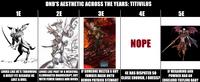 1E DND'S AESTHETIC ACROSS THE YEARS: TITIVILUS 2E 3E 4E 5E NOPE LOOKS LIKE HE'S THROWING A HISSY FIT BECAUSE HE LOST A DUEL LOOKS LIKE PART OF A MEDIEVAL ILLUMINATED MANUSCRIPT, BUT WITH FEWER SNAILS AND D---- IF SOMEONE MELTED A GUY FAWKES MASK ONTO DEMON PATRICK STEWART 4E HAS DISPATER SO CLOSE ENOUGH, I GUESS? IF MEGAMIND AND POWDER HAD AN EDGELORD TIEFLING BABY