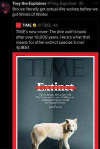 Trey the Explainer @Trey_Explainer - 2h Bro we literally got actual dire wolves before we got Winds of Winter TIME TIME @TIME.4h TIME's new cover: The dire wolf is back after over 10,000 years. Here's what that means for other extinct species ti.me/ 4jIJB54 MAY 12, 2025 TIME Extinct This is Remus. He's a dire wolf. The first to exist in over 10,000 years. Endangered species could be changed forever by JEFFREY KLUGER
