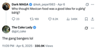 A "tweet":https://knowyourmeme.com/memes/sites/twitter-x about the swingers at the Houston party eating Mexican food before having intercourse.