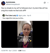 A "tweet":https://knowyourmeme.com/memes/sites/twitter-x attesting that Evethecuckoldress's Swingers Party video made them "sick" and worried for their "w----" friends.