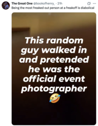 A "tweet":https://knowyourmeme.com/memes/sites/twitter-x joking about one of the men at the Houston Swingers Party pretending that he was a photographer. The X user quips, "Being the most freaked out person at a freakoff is diabolical."