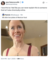 your future ex wife @shutupchelsey ... I love this bc I feel like you can never explain this to someone that isn't also chronically online. Patrick @NoSwayze - 19h Me after two plates of Mexican food 6:54 PM Apr 7, 2025 1.1M Views .
