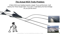 Amidst rising tensions between China and Taiwan, and the U.S. and China in the early 2020s, several internet users began citing the Three Gorges Dam as a possible military target. This post from the subreddit /r/NonCredibleDefense presents a "Trolley Problem":https://knowyourmeme.com/memes/the-trolley-problem meme with the Dam as a possible target.