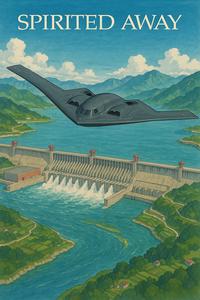 On April 10th, 2025, X user @cimmerian_v shared a "Ghibli-fied":https://knowyourmeme.com/memes/studio-ghibli-ai-generator image showing the B2 bomber over the Three Gorges Dam.