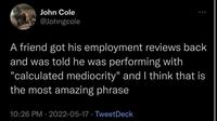 John Cole @Johngcole 000 A friend got his employment reviews back and was told he was performing with "calculated mediocrity" and I think that is the most amazing phrase 10:26 PM - 2022-05-17 TweetDeck .