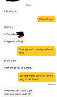 Italy with you Definitely You're so hot Today Haha let's go! My type exactly Stopppp. You're making me blush haha It's the truth What brings you to bumble? Looking to find someone for the long term lol you? Me too aha but I want a girl that's very sexual and kinky Delivered