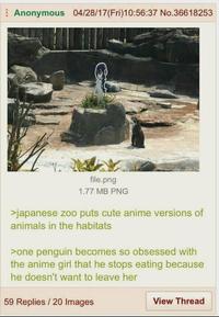 Anonymous 04/28/17(Fri)10:56:37 No.36618253 file.png 1.77 MB PNG >japanese zoo puts cute anime versions of animals in the habitats >one penguin becomes so obsessed with the anime girl that he stops eating because he doesn't want to leave her 59 Replies/20 Images View Thread