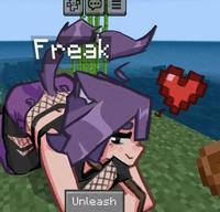 A piece of art depicting a cat girl, Raddles, nicknamed "Freak," with the Minecraft "unleash" command. The art was posted under the caption, "This new lead update is wild."