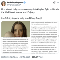 Porkchop Express ✔ @Porkchop_EXP 0 ... Elon Musk's baby momma Ashley is taking her fight public via the Wall Street Journal and it's juicy. (He DID try to put a baby into Tiffany Fong!!) While she was pregnant, Musk had urged her to deliver the baby via caesarean section and told her he didn't want the child to be circumcised. (Musk has posted on X that vaginal births limit brain size and that C-sections allow for larger brains.) St. Clair is Jewish and circumcisions are an important ritual in the religion, and she decided against a C- section. He told her she should have 10 babies, and they debated the child's middle name. child, according to people familiar with the matter. The two had never met in person. Fong didn't move forward with Musk because she pictured having children in a more traditional nuclear family, but confided to a few friends about the approach-including St. Clair, whom she knew as another conservative social-media figure-and how she worried that turning him down could hurt receive her scheduled child support payment from Musk, she said. Late on Tuesday, she said Musk's team sent her $20,000, halving her stipend again. "The timing of the reduction in payments from him are timed with disagreements on testing and gag orders. The only conclusion we can make is that money is being weaponized," said Dror Bikel, another of St. Clair's attornevs. St. Clair's legal Last edited 2:45 AM Apr 16, 2025 280.5K Views