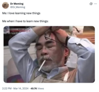 A meme featuring Studio Ghibli co-founder and animator Hayao Miyazaki. The image shows him looking stressed with a c-------- in his mouth and his eyes closed. This tweet by @Dr_Meming reads, "Me: I love learning new things / Me when I have to learn new things."