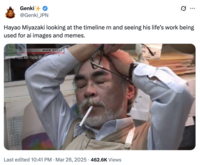 A meme featuring Studio Ghibli co-founder and animator Hayao Miyazaki. The image shows him looking stressed with a c-------- in his mouth and his eyes closed. This tweet by @Genki_JPN reads, "Hayao Miyazaki looking at the timeline rn and seeing his life’s work being used for ai images and memes."