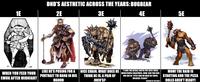 1E DND'S AESTHETIC ACROSS THE YEARS: BUGBEAR 2E 3E 4E 5E WHEN YOU FEED YOUR EWOK AFTER MIDNIGHT td. LIKE HE'S POSING FOR A PORTRAIT TO HANG IN HIS MANOR NICE CHAIN. WHAT DOES HE THINK HE IS, A PAIR OF JNCO'S? "I LOVE THE DETAIL YOU'VE PUT INTO THESE MONSTROUS CREATURES. NOW, CAN YOU GIVE ONE BIG OL' T---? AND NO HAIR ON THOSE MILKERS, PLEASE." -WIZARDS OF THE COAST MOM! THE RAID IS STARTING AND THE PIZZA ROLLS AREN'T READY!