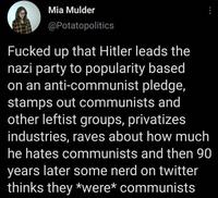 Mia Mulder @Potatopolitics F----- up that Hitler leads the nazi party to popularity based on an anti-communist pledge, stamps out communists and other leftist groups, privatizes industries, raves about how much he hates communists and then 90 years later some nerd on twitter thinks they *were* communists