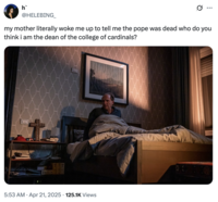 ​Pope Francis passed away on April 21, 2025, at age 88 in his Vatican residence following a prolonged hospitalization for double pneumonia and respiratory complications. X user @HELEBING_ tweeted, "my mother literally woke me up to tell me the pope was dead who do you think i am the dean of the college of cardinals?"