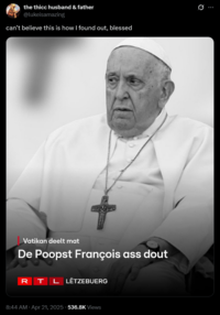 the thicc husband & father @lukeisamazing can't believe this is how I found out, blessed Vatikan deelt mat De Poopst François ass dout R T L LËTZEBUERG 8:44 AM · Apr 21, 2025 536.8K Views Q