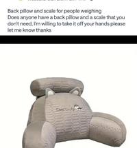 Back pillow and scale for people weighing Does anyone have a back pillow and a scale that you don't need, I'm willing to take it off your hands please let me know thanks m Good Lucky