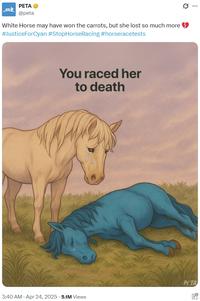 PETA ✔ PETA @peta Q ... White Horse may have won the carrots, but she lost so much more >> #JusticeForCyan #StopHorse Racing #horseracetests You raced her to death PETA 3:40 AM - Apr 24, 2025 -5.1M Views