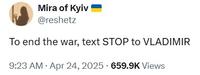 A post reading, "To end the war, text STOP to VLADIMIR."
