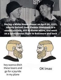 Sp During a White House dinner on April 20, 1933, Amelia Earhart took Eleanor Roosevelt to a nearby airfield, still in dinner attire, and went on a spontaneous flight to Baltimore and back hey wanna ditch these losers and go for a joyride in my plane OK lmao