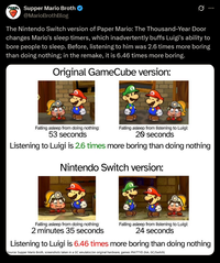 Supper Mario Broth @MarioBrothBlog 0 The Nintendo Switch version of Paper Mario: The Thousand-Year Door changes Mario's sleep timers, which inadvertently buffs Luigi's ability to bore people to sleep. Before, listening to him was 2.6 times more boring than doing nothing; in the remake, it is 6.46 times more boring. Original GameCube version: Falling asleep from doing nothing: 53 seconds Falling asleep from listening to Luigi: 20 seconds Listening to Luigi is 2.6 times more boring than doing nothing Nintendo Switch version: Falling asleep from doing nothing: Falling asleep from listening to Luigi: 24 seconds 2 minutes 35 seconds Listening to Luigi is 6.46 times more boring than doing nothing Source: Supper Mario Broth, screenshots taken in a GC emulator/on original hardware, games: PM:TTYD (NA, GC/Switch)