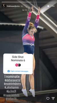 Instagram user @thalissawijkstra posted a photo of herself doing gymnastics to participate in the Side Shot Nominate 6 trend in late April 2025. 