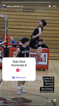Instagram user @aidan_calimlim posted a photo of himself playing volleyball to participate in the Side Shot Nominate 6 trend in late April 2025. 