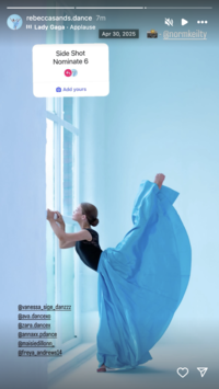 Instagram user @rebeccasands.dance posted a photo of herself dancing to participate in the Side Shot Nominate 6 trend in late April 2025. 
