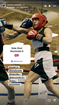 Instagram user @itsamandadodds posted a photo of herself boxing to participate in the Side Shot Nominate 6 trend in late April 2025. 