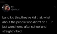 bri @ufobri band kid this, theatre kid that. what about the people who didn't do s¨¨¨? just went home after school and straight Vibed.